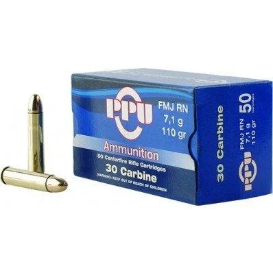 PPU Rifle Ammunition .30 Carbine 110 gr FMJ-RN 1990 fps 50/ct