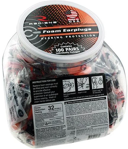 Radians 100 pairs of Uncorded Foam Earplugs in Poly Bags in a Jar